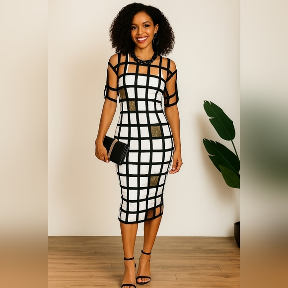 Handmade Chic Black and Cream Grid Dress. Under Dress Not Included. Size 10 - Picture 3 of 15